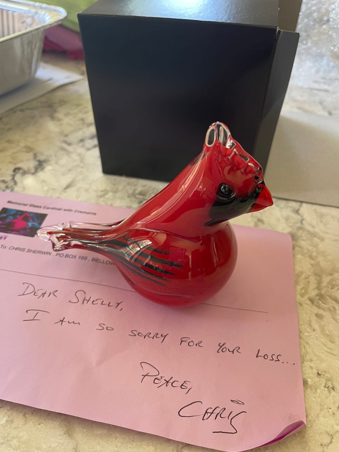 Customer photo review of Glass Cardinal with Infused Cremation Ashes