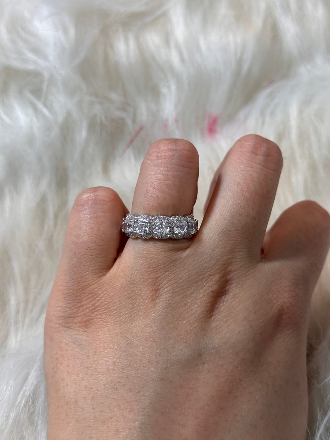 Customer photo review of Louily Precious Halo Cushion Cut Wedding Band For Women In Sterling Silver