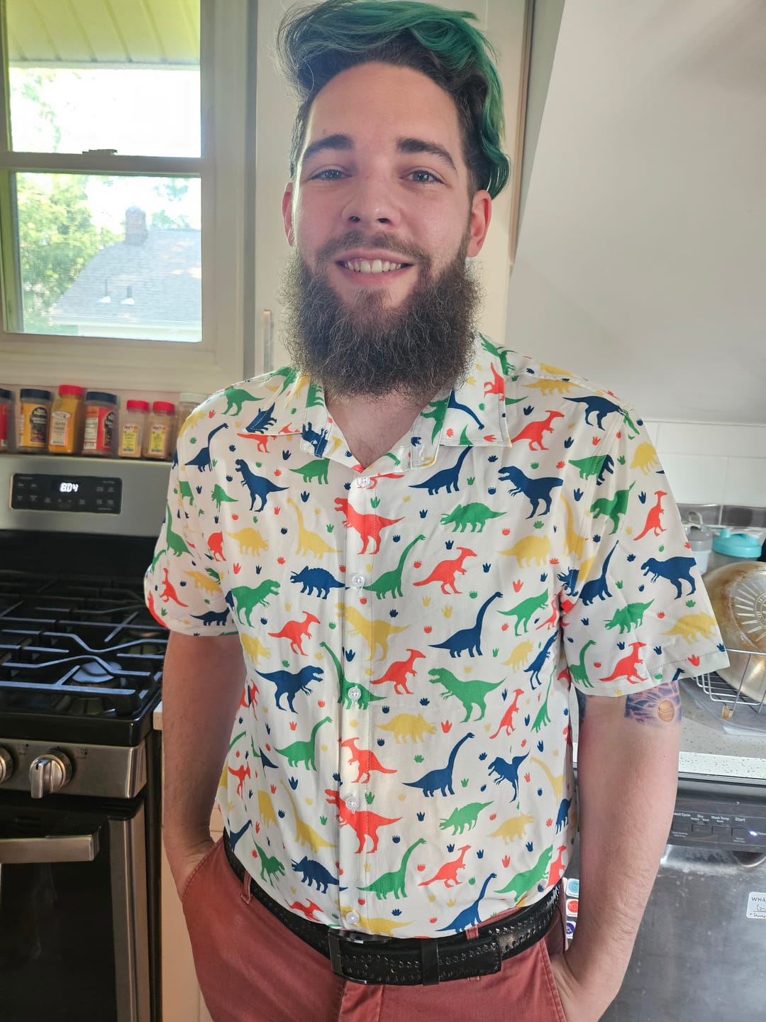 Customer photo review of Colorful Dinosaur Silhouettes White Button Up Shirt