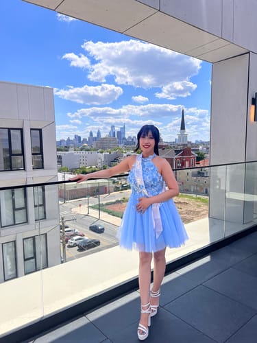 Customer photo review of Halter 3D Floral Lavender Midi Dress with Slit