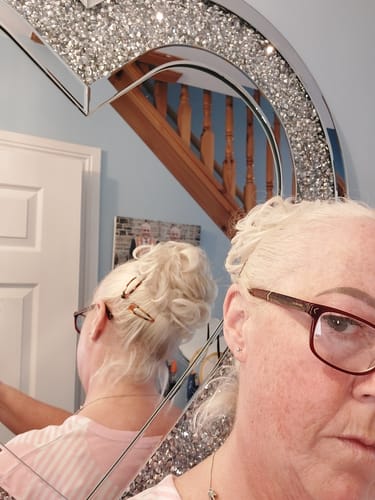 Customer photo review of Stranded Curly Hair Messy Bun Scrunchie #600 White Lily