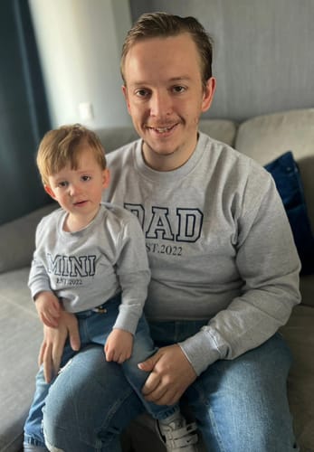 Customer photo review of Dad & Mini Established Embroidered Heather Grey/Navy Sweatshirts