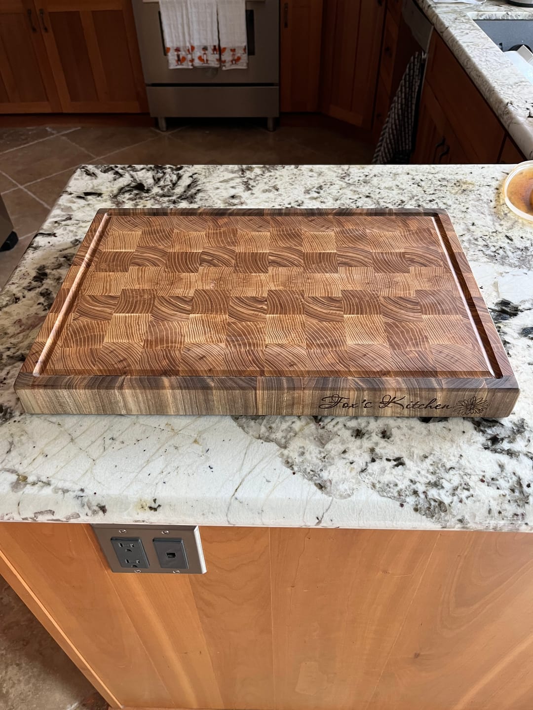 Customer photo review of Personalized Double-sided Walnut and Cherry End Grain Cutting Board