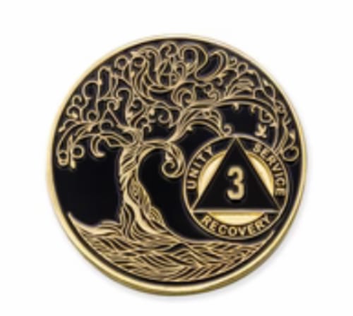 Customer photo review of 3 Year Sobriety Mint Twisted Tree of Life Gold Plated AA Recovery Medallion - Three Year Chip/Coin - Black