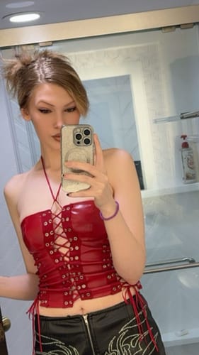 Customer photo review of Lace up zip-up PU leather solid corset tube top
