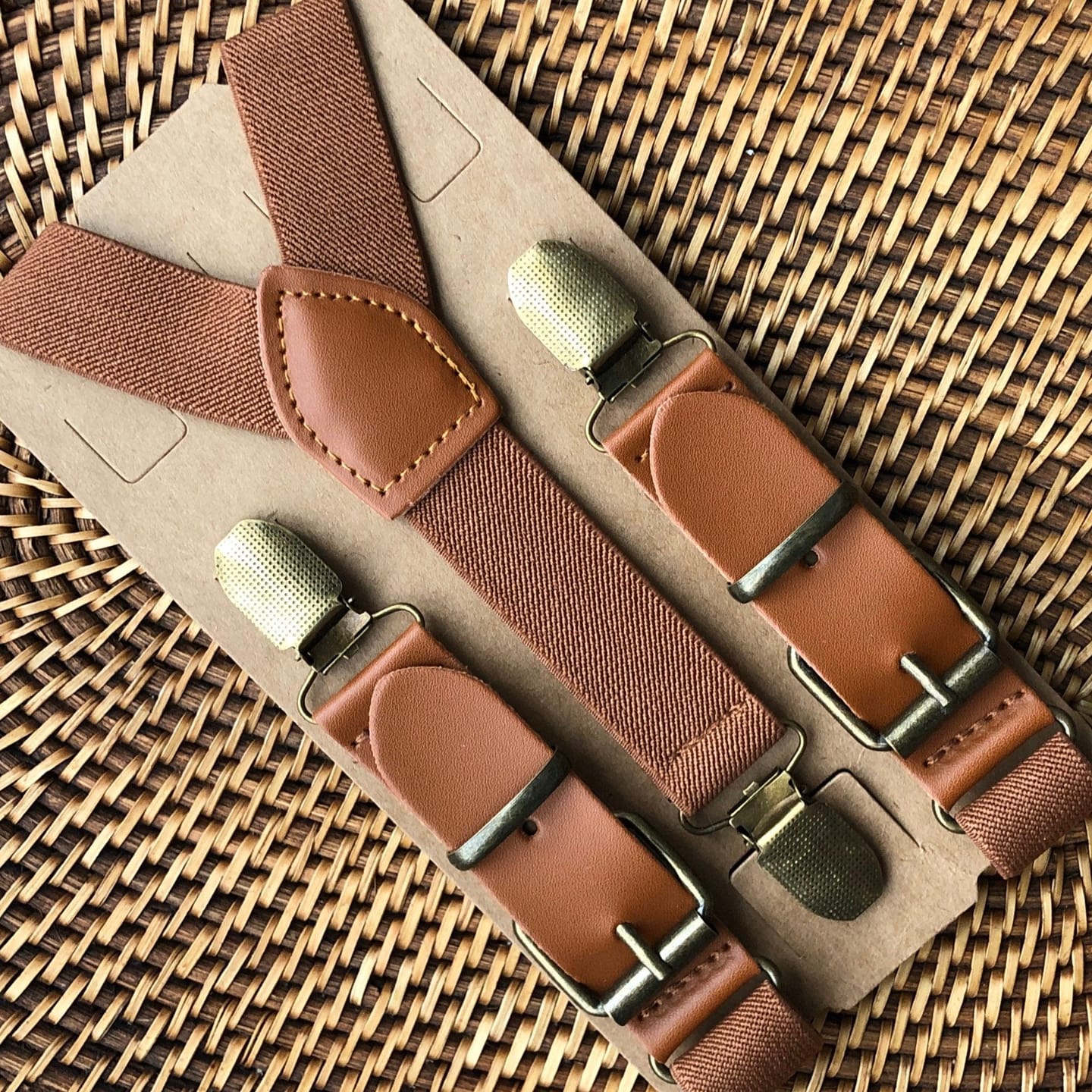 Customer photo review of Cognac Vegan Leather Buckle Suspenders