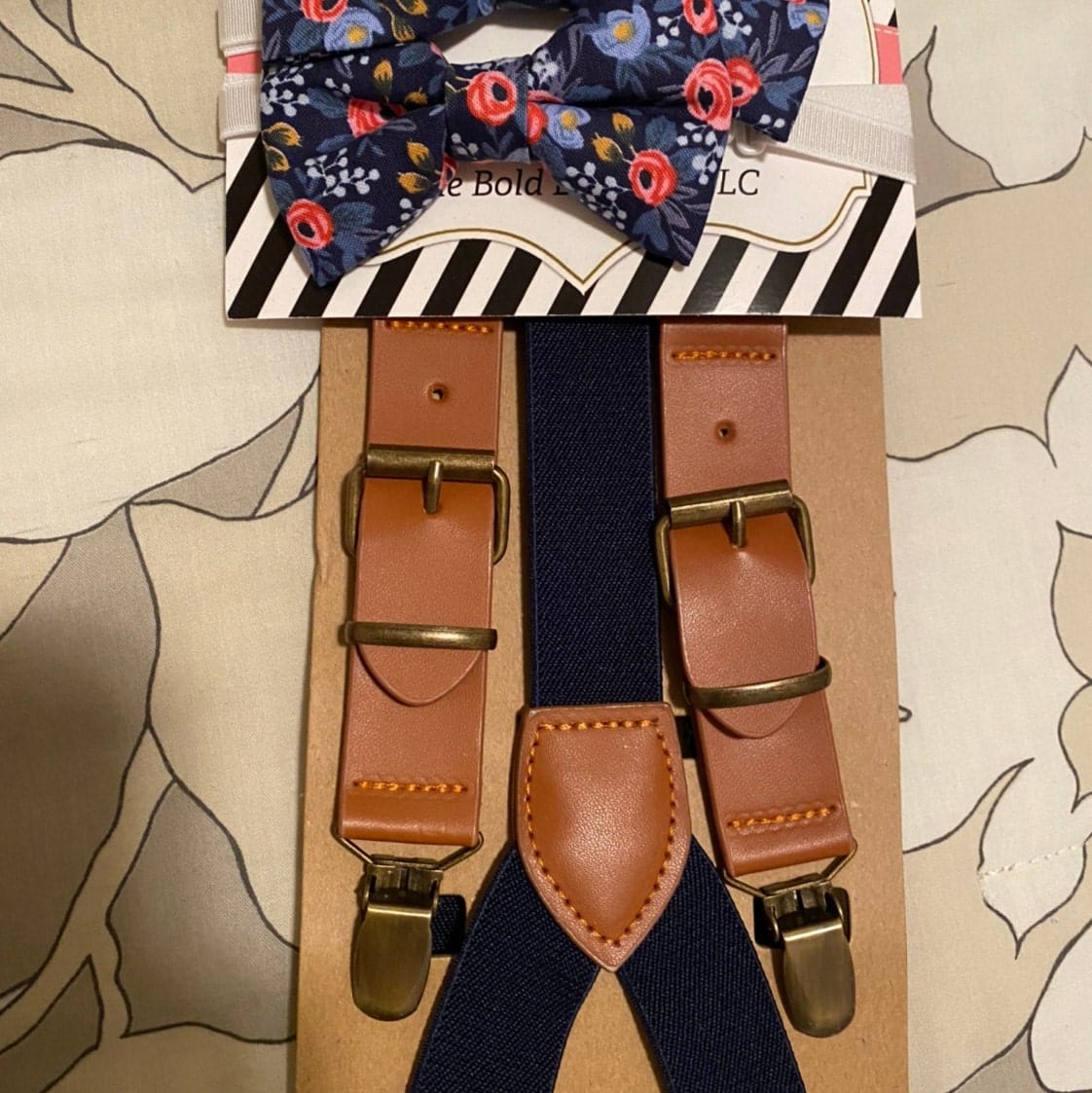 Customer photo review of Navy Rose Bow Tie & Navy Buckle Suspenders Set