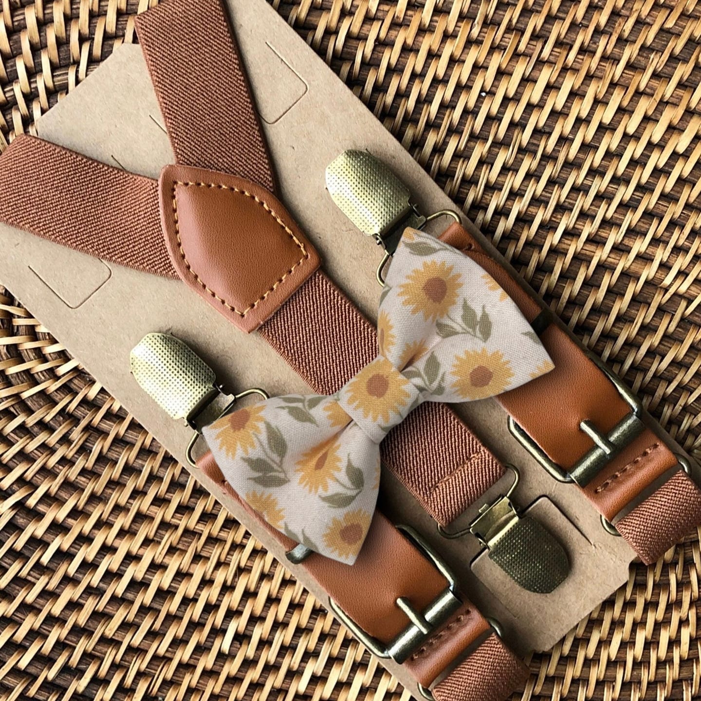 Customer photo review of Sunflower Bow Tie & Cognac Buckle Suspenders Set