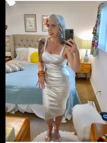 Customer photo review of PRE-ORDER - Jawbreaker Wiggle Dress in Silver Laminate - Vixen by Micheline Pitt