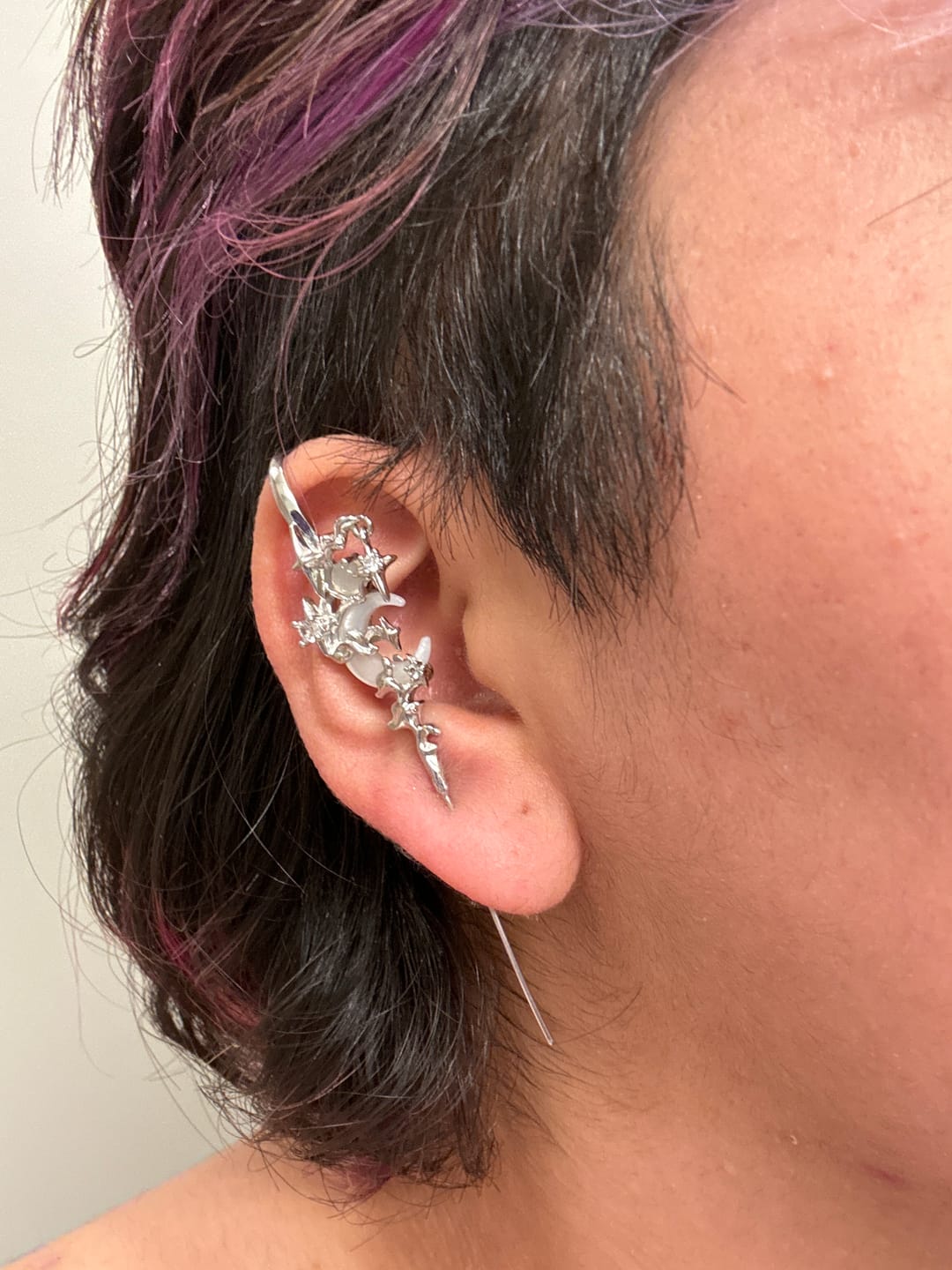 Customer photo review of "MYTH OF THE MOON" 925 Sterling Silver Statement Celestial Moon Dangle Needle Piercing Earring