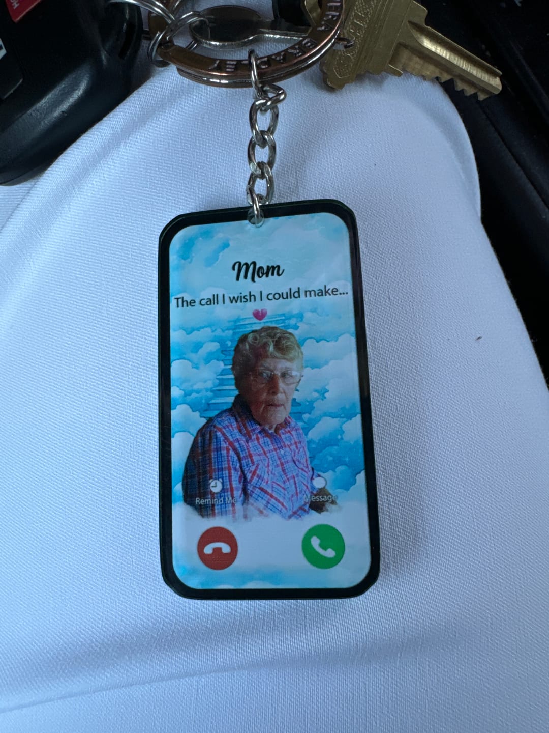 Customer photo review of The Call I Wish Memorial Sympathy Gift - Photo Inserted Different On 2 Sides Personalized Keychain