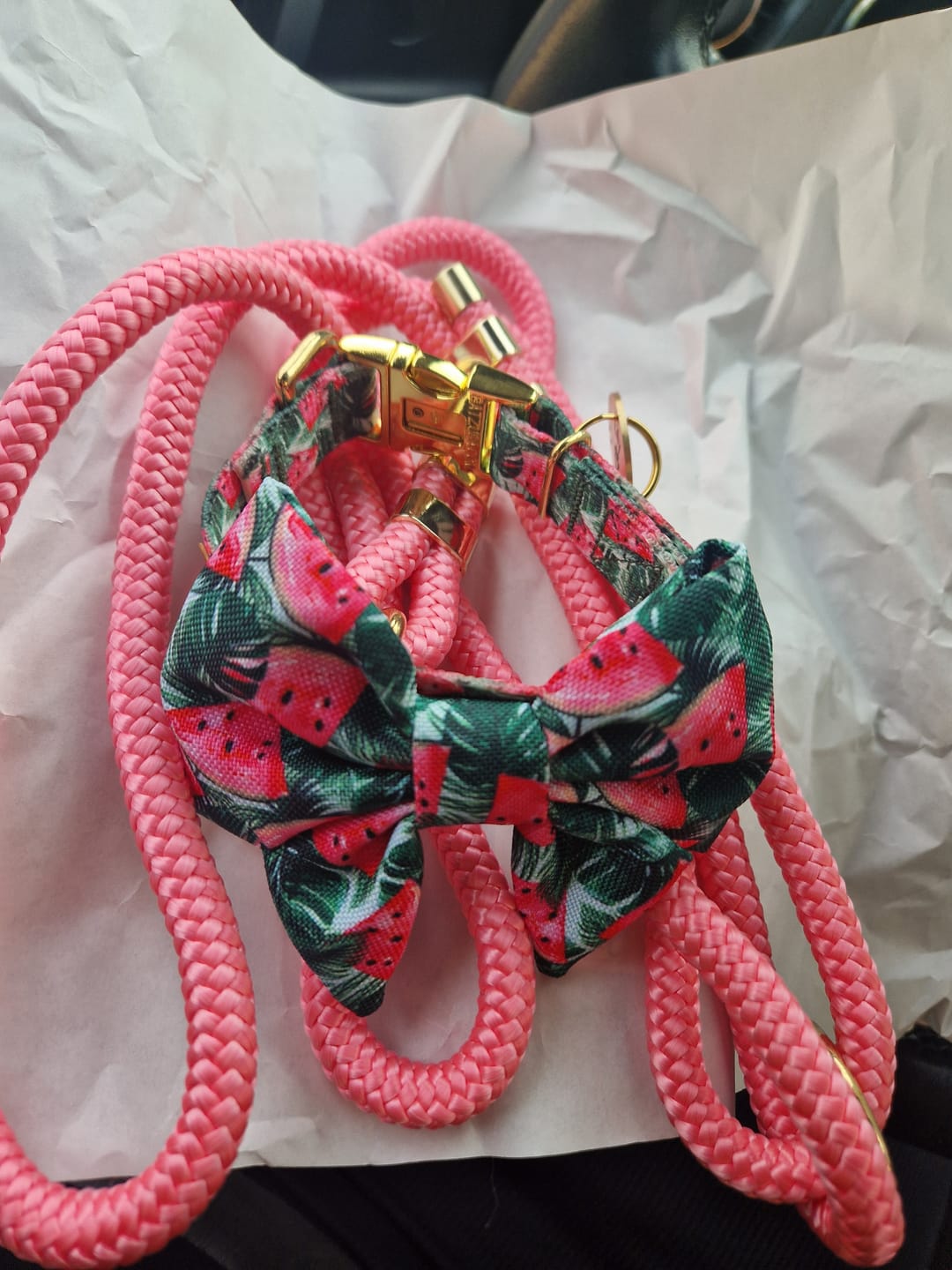 Customer photo review of Smycz linowa "Girly Pink" - złote okucia