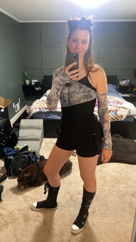 Customer photo review of Long sleeve mesh irregular ruffled crop top