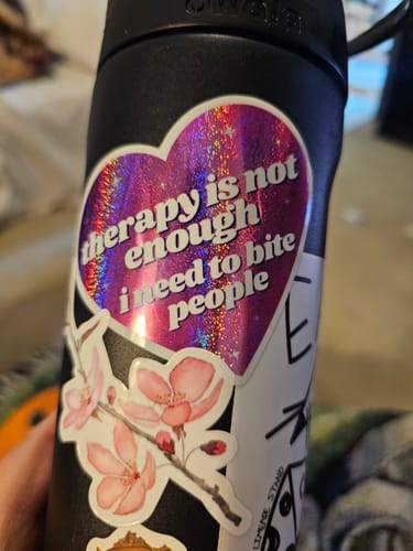 Customer photo review of Therapy Is Not Enough I Need To Bite People Pink Glitter Sticker