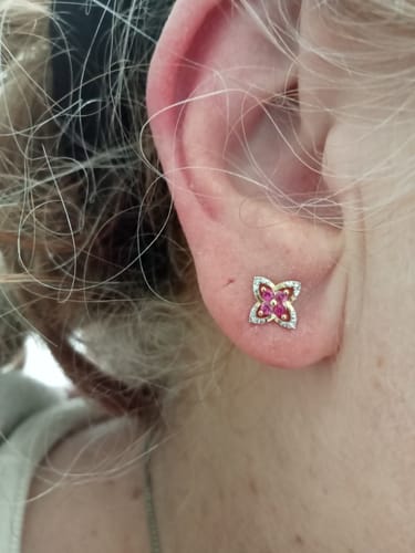 Customer photo review of Ruby and Diamond Stud Earrings in 9ct Yellow Gold