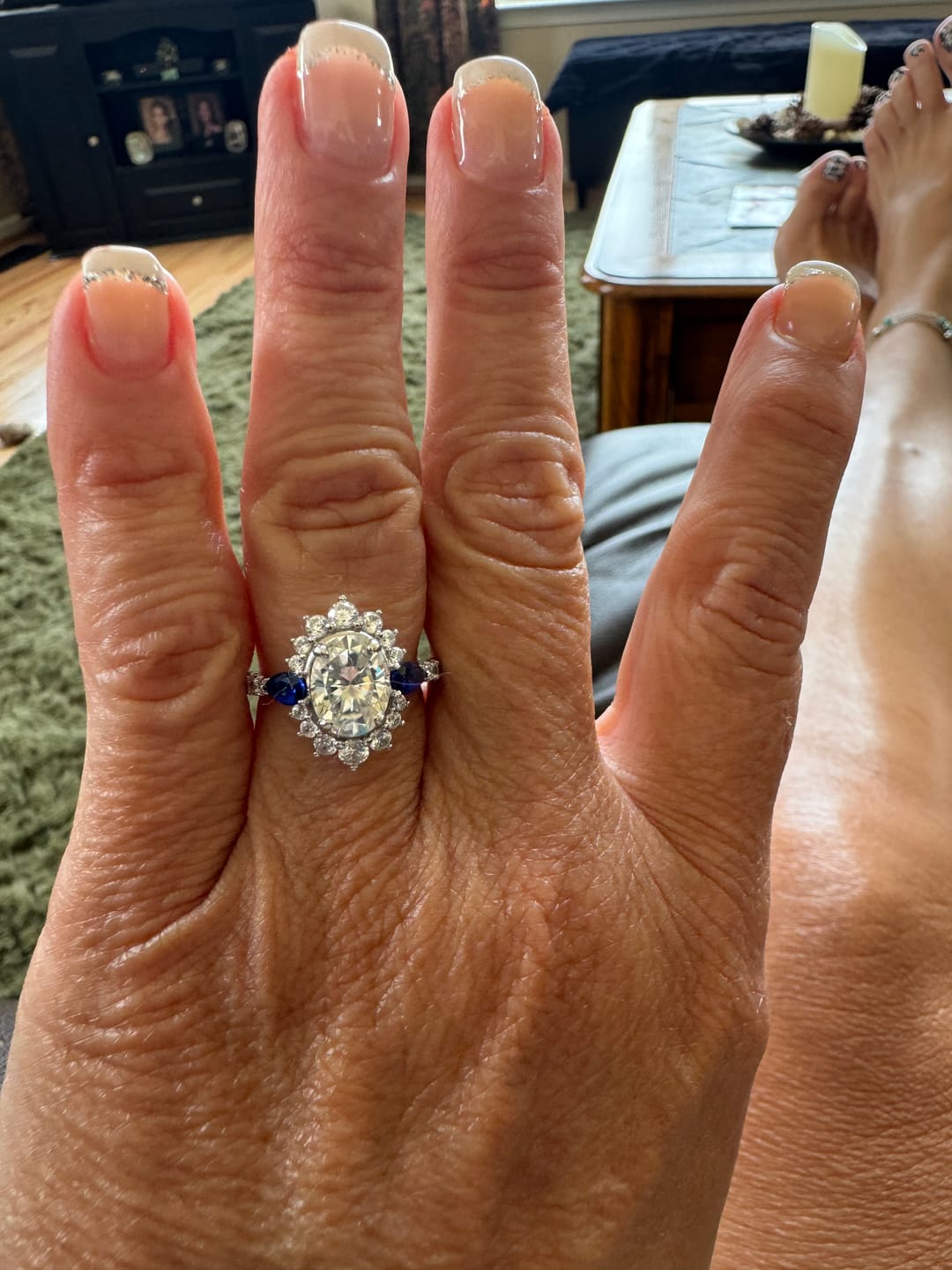 Customer photo review of Halo Oval Moissanite Pear Sapphire Sidestone Pave Engagement Ring