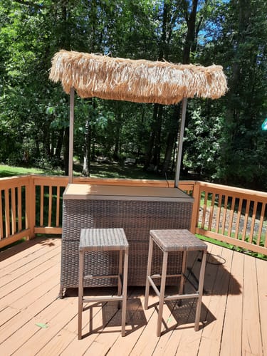 Customer photo review of Homrest 3 Pcs Outdoor Tiki Bar Set w/2 Height Stools, Storage Shelf, Canopy, Brown