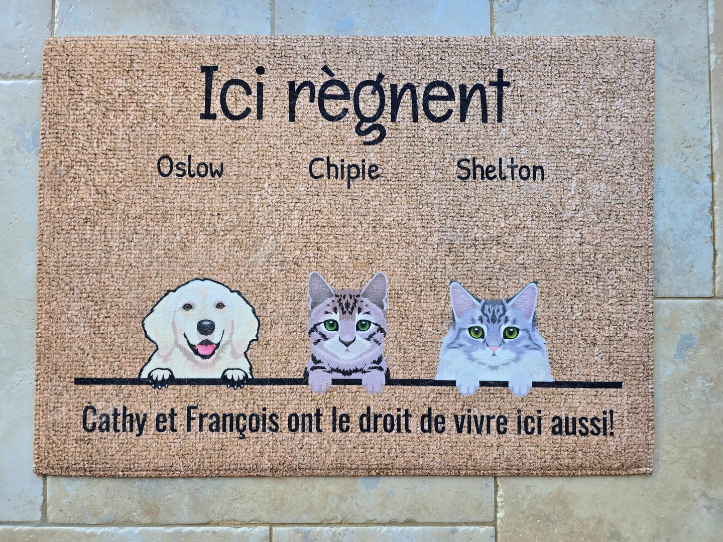 Customer photo review of Tous mes amis à poils - Paillasson personnalisé