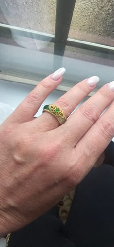 Customer photo review of Buddha Stones 18K Gold Plated Natural Green Chalcedony Strength Ring