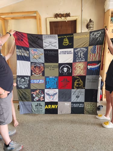 T-shirt quilt with veterans, craft beer themes by Ashley from IL