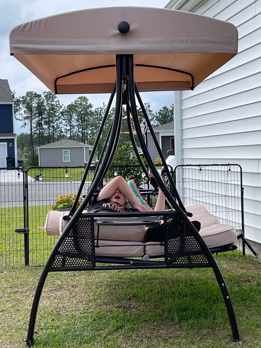 Customer photo review of 3-Seat Outdoor Porch Swing with Adjustable Canopy and Backrest, Khaki