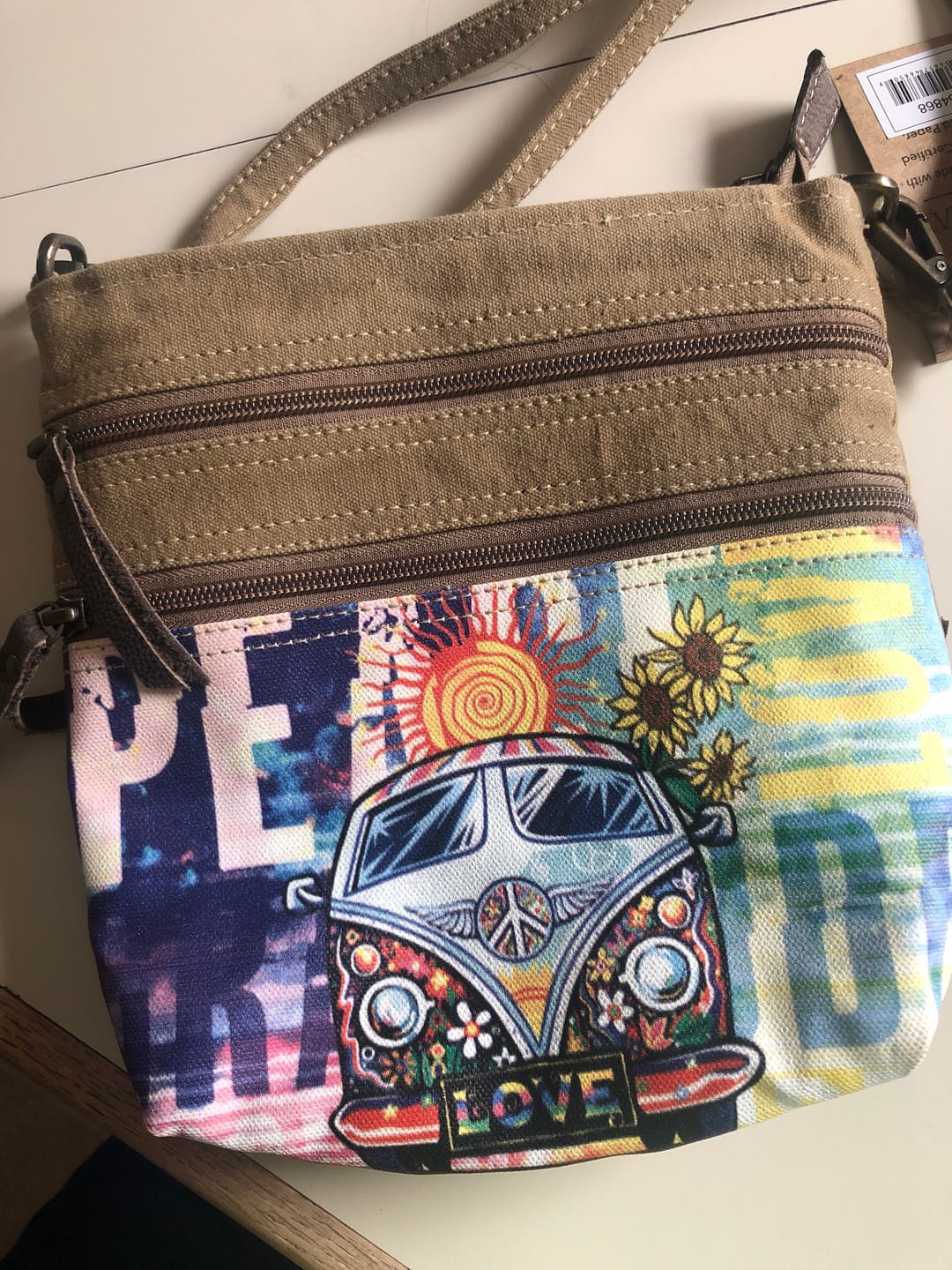 Customer photo review of Peace Love Bus Crossbody Bag