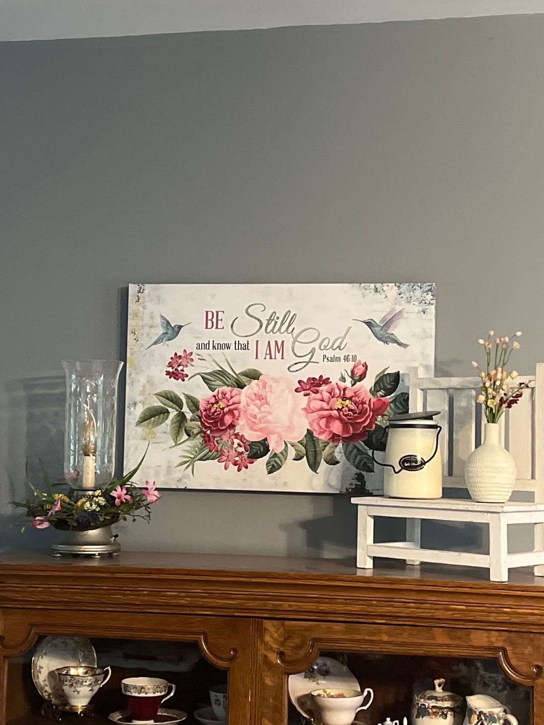 Customer photo review of Be Still and Know That I Am God, Vintage Flower Hummingbird, Wall art canvas
