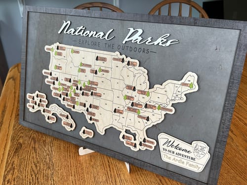 Customer photo review of US Wooden National Parks Travel Map With Trees To Record Park Visits (Light Grey)