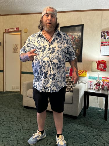 Customer photo review of Men's Punk Rock Crown Floral Skull Print Short Sleeve Shirt