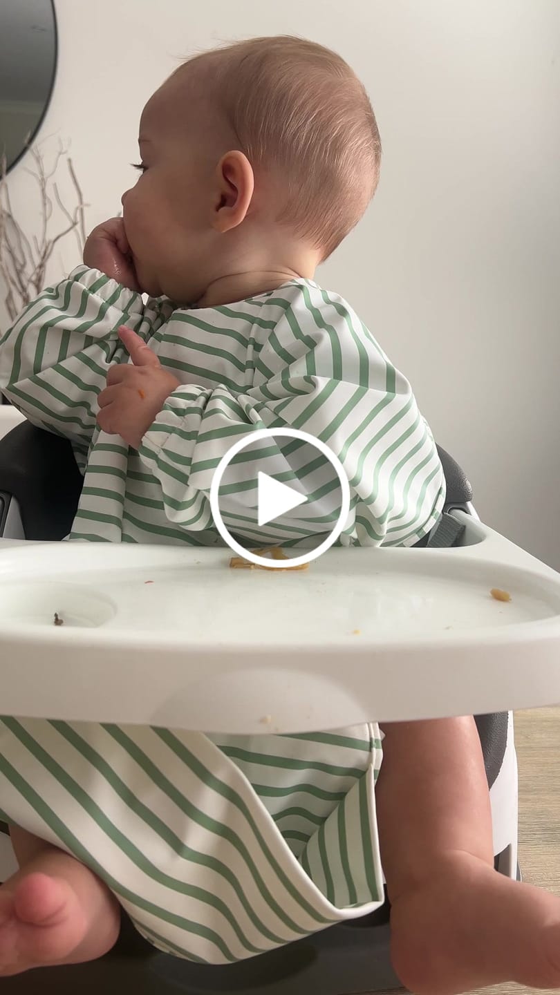 Customer video review of Mess-Free Smock Bib | Sage Stripe