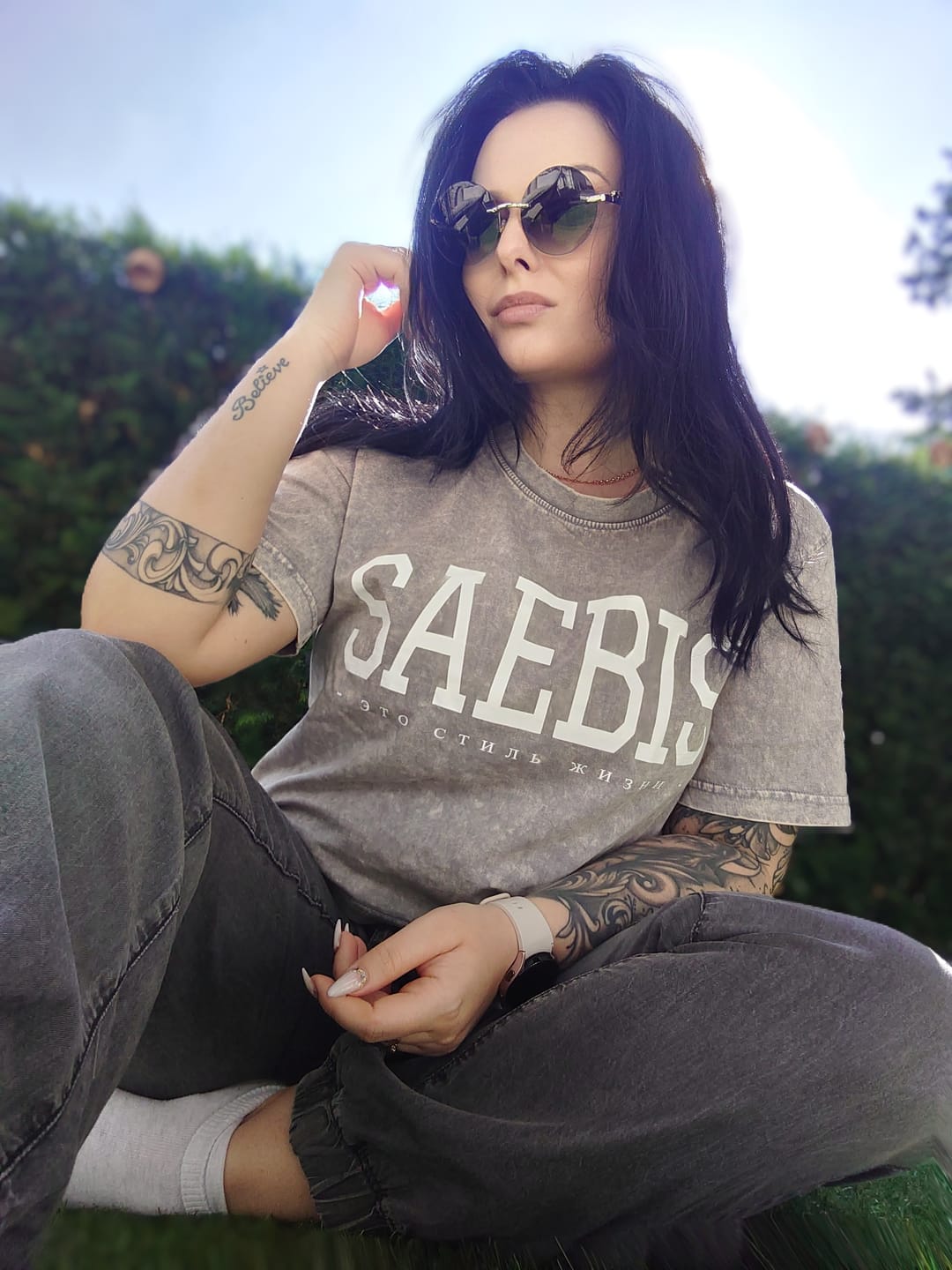 Customer photo review of Lifestyle Damen Crop Shirt washed grau/ weiß by SAEBIS®