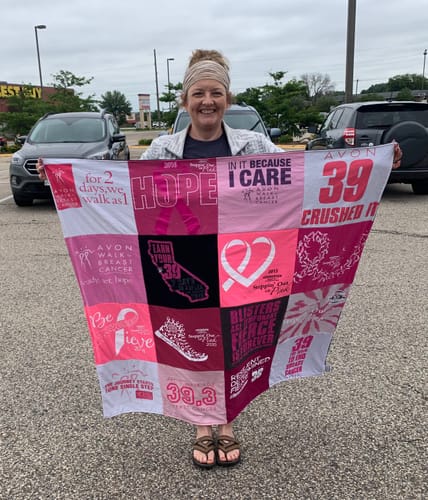 T-shirt quilt with breast cancer awareness, philanthropy themes by Kim from WI