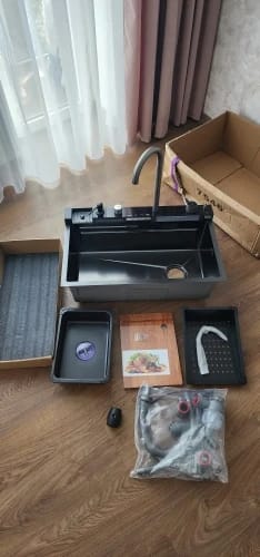 Customer photo review of Stainless Steel Kitchen Sink with Double Waterfall Design, Large Single Basin, Embossed Surface, and Ambient Light Digital Display