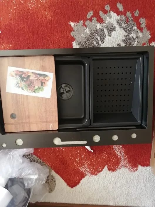 Customer photo review of Stainless Steel Kitchen Sink with Double Waterfall Design, Large Single Basin, Embossed Surface, and Ambient Light Digital Display