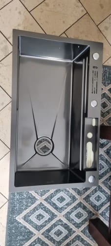 Customer photo review of Stainless Steel Kitchen Sink with Double Waterfall Design, Large Single Basin, Embossed Surface, and Ambient Light Digital Display