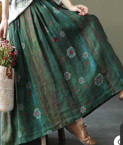 Customer photo review of Women Green Print Ramie Elastic Waist Skirt