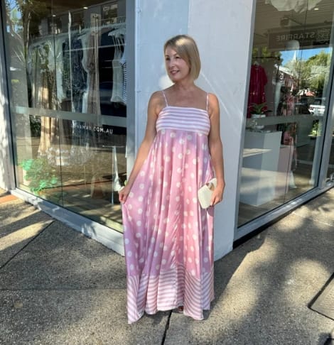 Customer photo review of Bailey Unique Print Back Smocked A-line Slip Maxi Dress