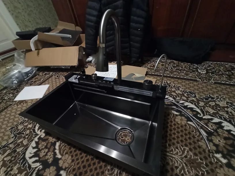 Customer photo review of Stainless Steel Kitchen Sink with Double Waterfall Design, Large Single Basin, Embossed Surface, and Ambient Light Digital Display