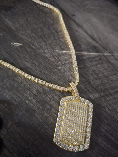 Customer photo review of Moissanite Halo Dog Tag Pendant 14K Gold