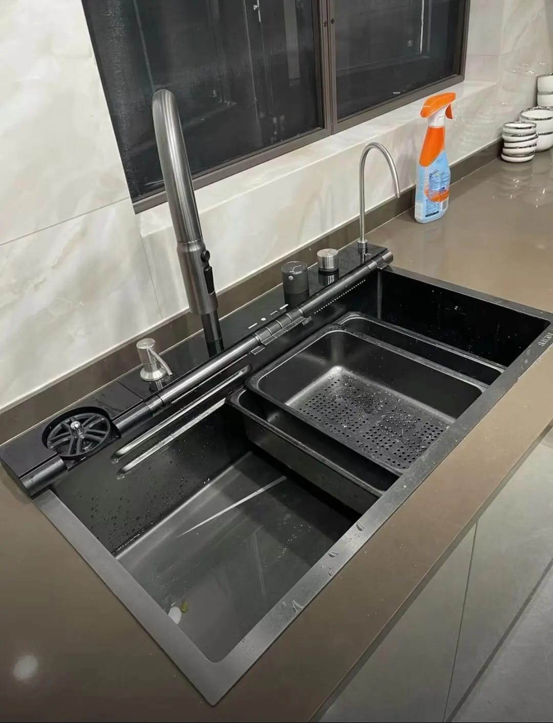 Customer photo review of Stainless Steel Waterfall Kitchen Sink with Embossed Digital Display, Large Single Slot, All-in-One Faucet, and Multi-Functional Wash Basin