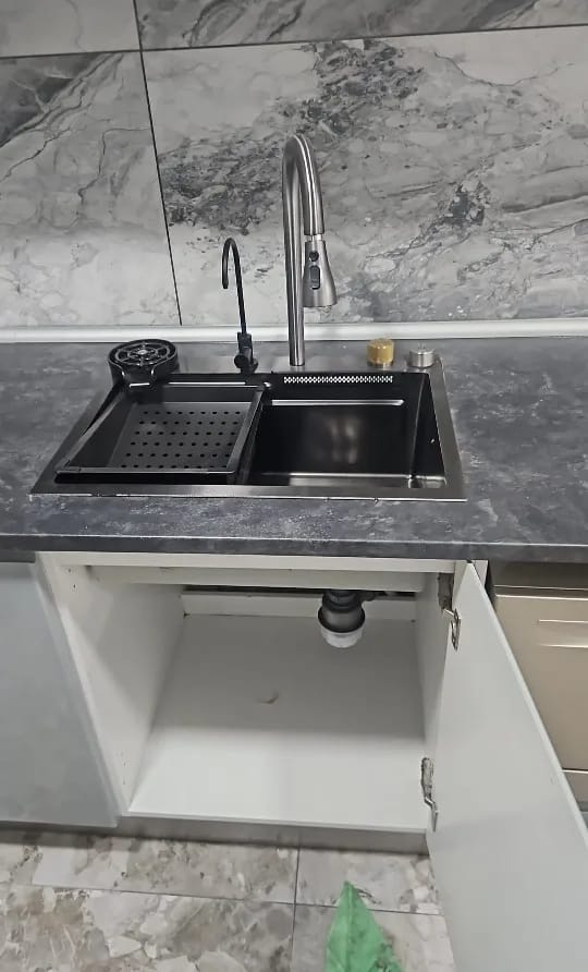 Customer photo review of Stainless Steel Kitchen Sink with Double Waterfall Design, Large Single Basin, Embossed Surface, and Ambient Light Digital Display