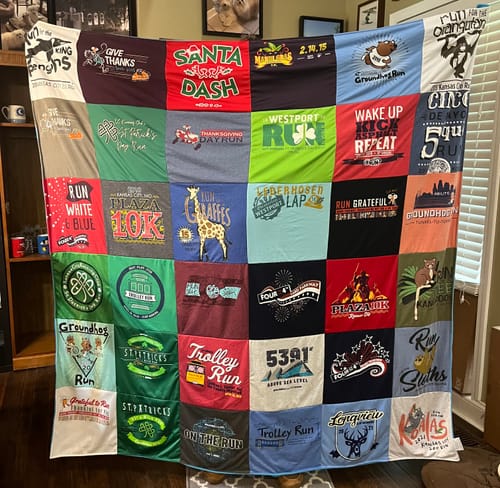 T-shirt quilt with running, fitness themes by Annice from KS