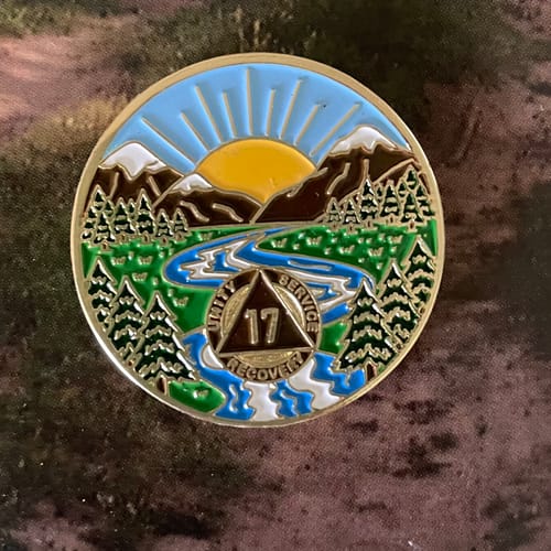 Customer photo review of 1 to 65 Year Sobriety Mint Winding River Gold Plated AA Recovery Medallion/Chip/Coin