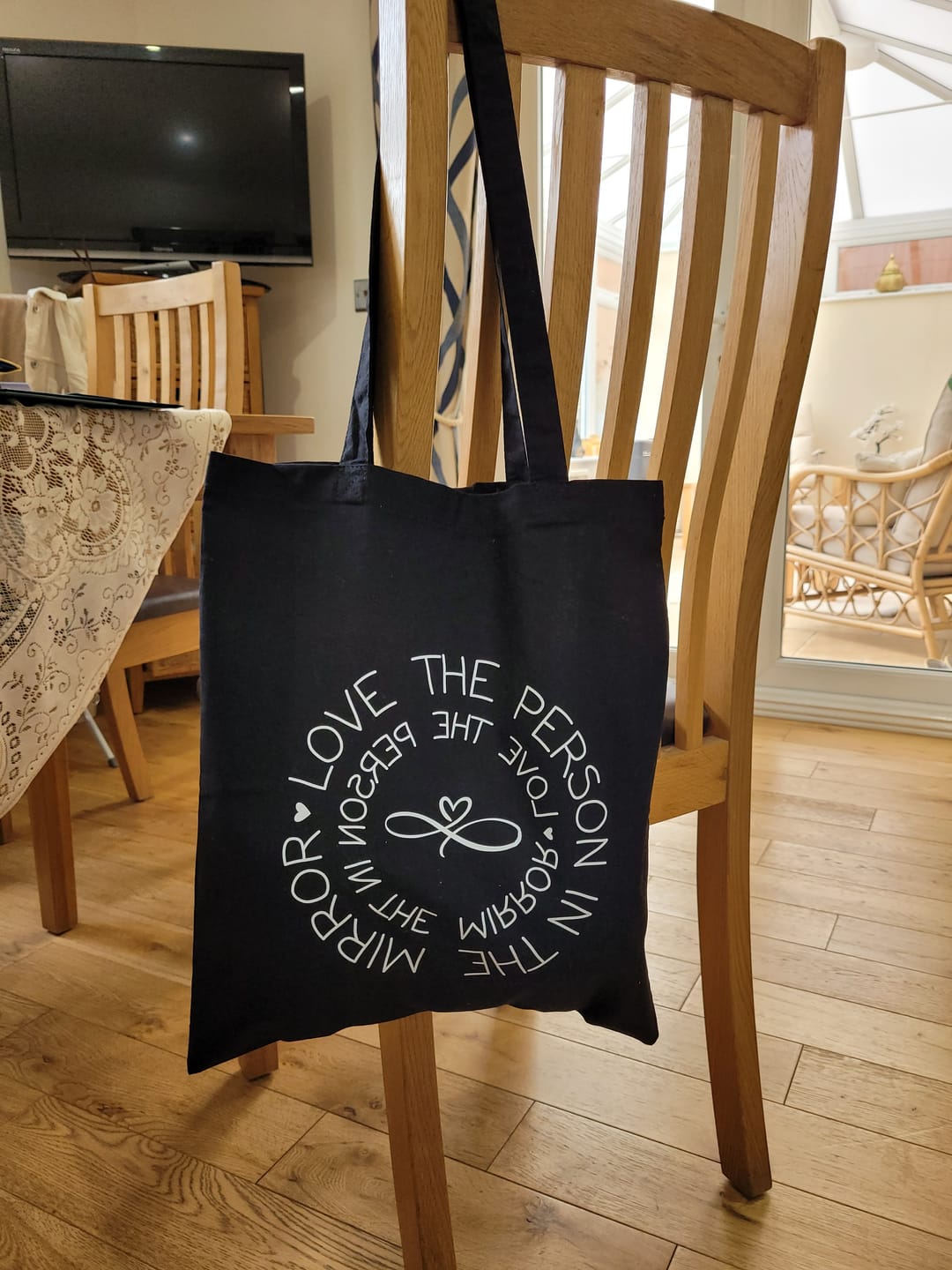 Customer photo review of "Love the Person in the Mirror" - Recycled Cotton Tote Bag (70% of sales profit donated to Charity)