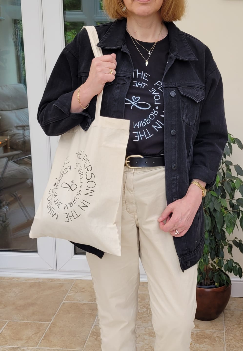 Customer photo review of "Love the Person in the Mirror" - Recycled Cotton Tote Bag (70% of sales profit donated to Charity)
