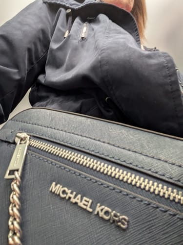 Customer photo review of Jet Set Large Saffiano Leather Crossbody Bag (NAVY)