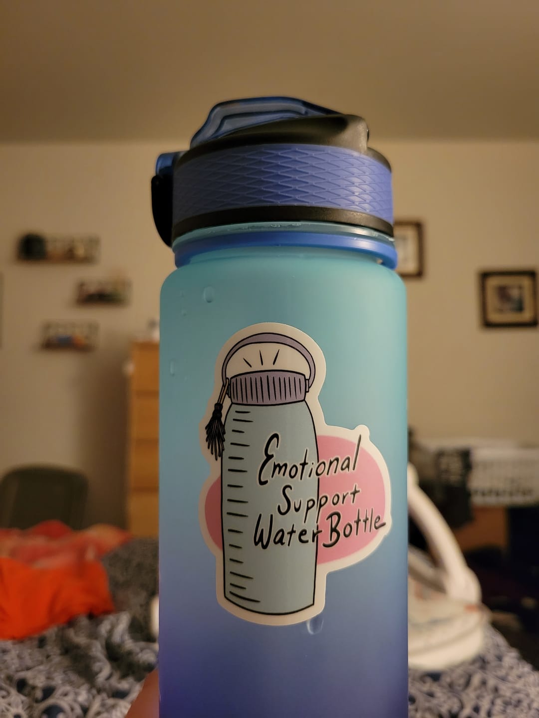 Customer photo review of "Emotional support water bottle" sticker