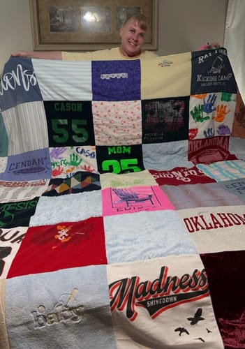 T-shirt quilt with sports, family events themes by Andrea from OK