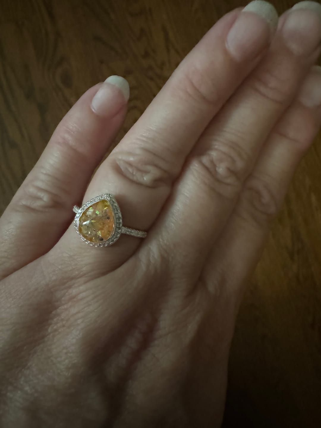Customer photo review of Bedazzled Pear Opal Ring with Cremation Ashes
