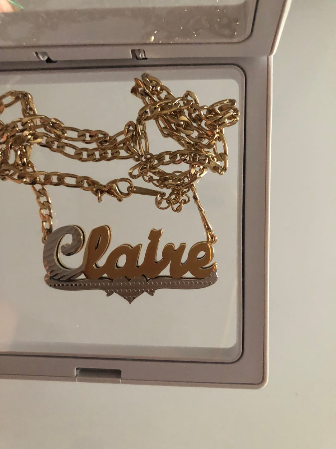 Customer photo review of Double Plated Script Name Necklace w/ Figaro Chain